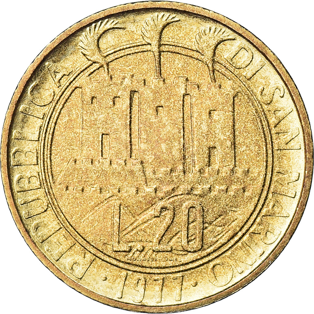 Coin, San Marino, 20 Lire, 1977, Rome, MS(63), Aluminum-Bronze, KM:67