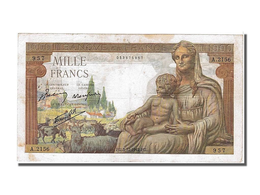 France, 1000 Francs, 1 000 F 1942-1943 ''Déesse Déméter'', 1942, KM #102, 194...