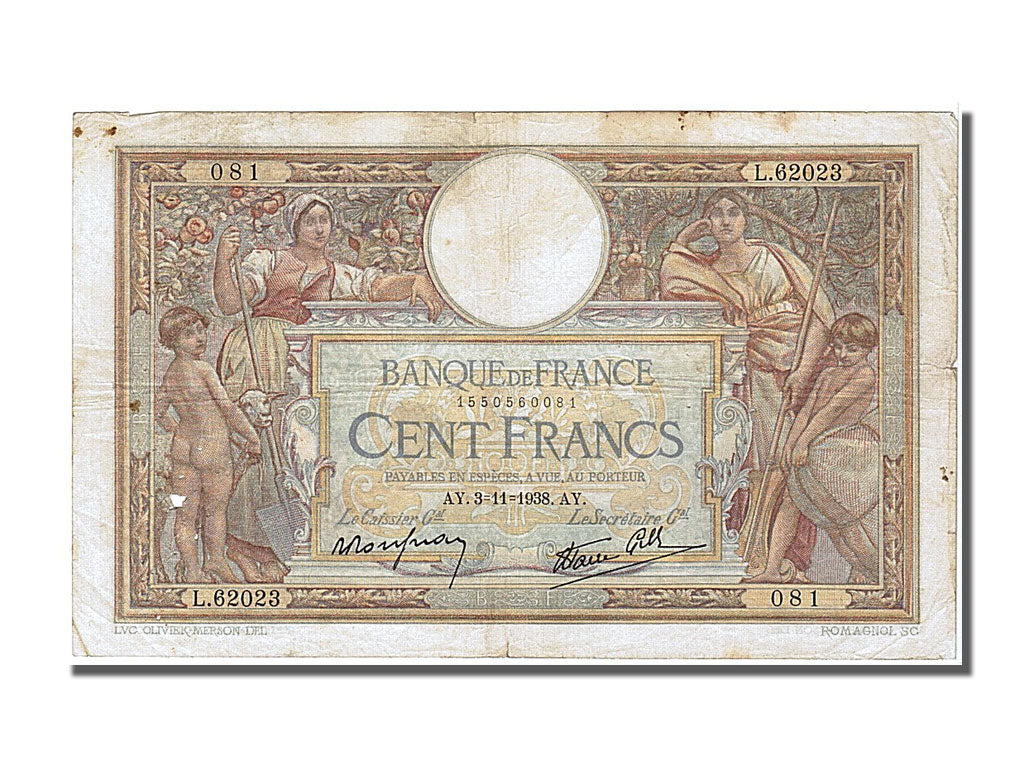 France, 100 Francs, 100 F 1908-1939 ''Luc Olivier Merson'', 1938, KM #86b,...