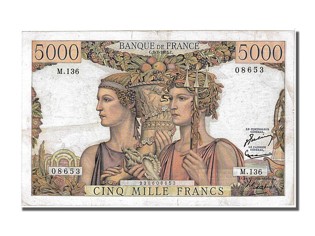 France, 5000 Francs, 5 000 F 1949-1957 ''Terre et Mer'', 1953, KM #131c,...