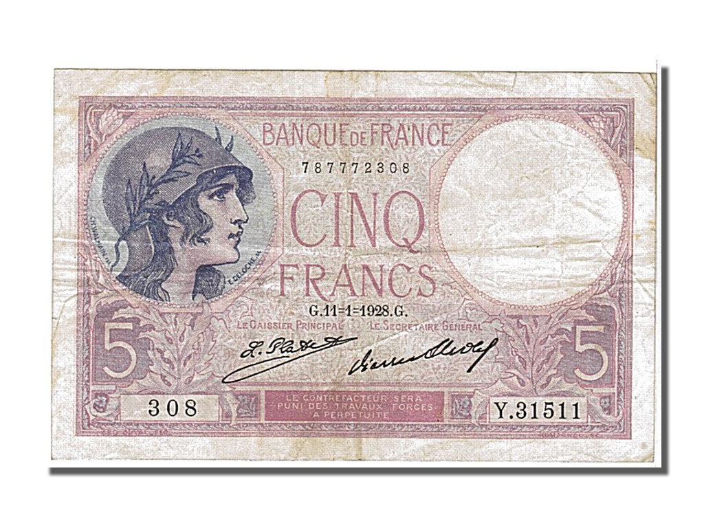 France, 5 Francs, 5 F 1917-1940 ''Violet'', 1928, KM #72d, 1928-01-11,...