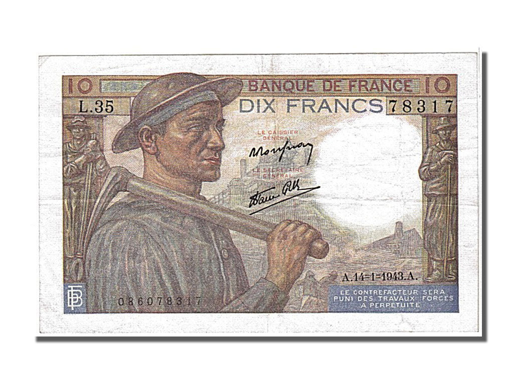 Francia, 10 Francs, 10 F 1941-1949 ''Mineur'', 1943, KM:99b, 1943-01-14, SPL-...