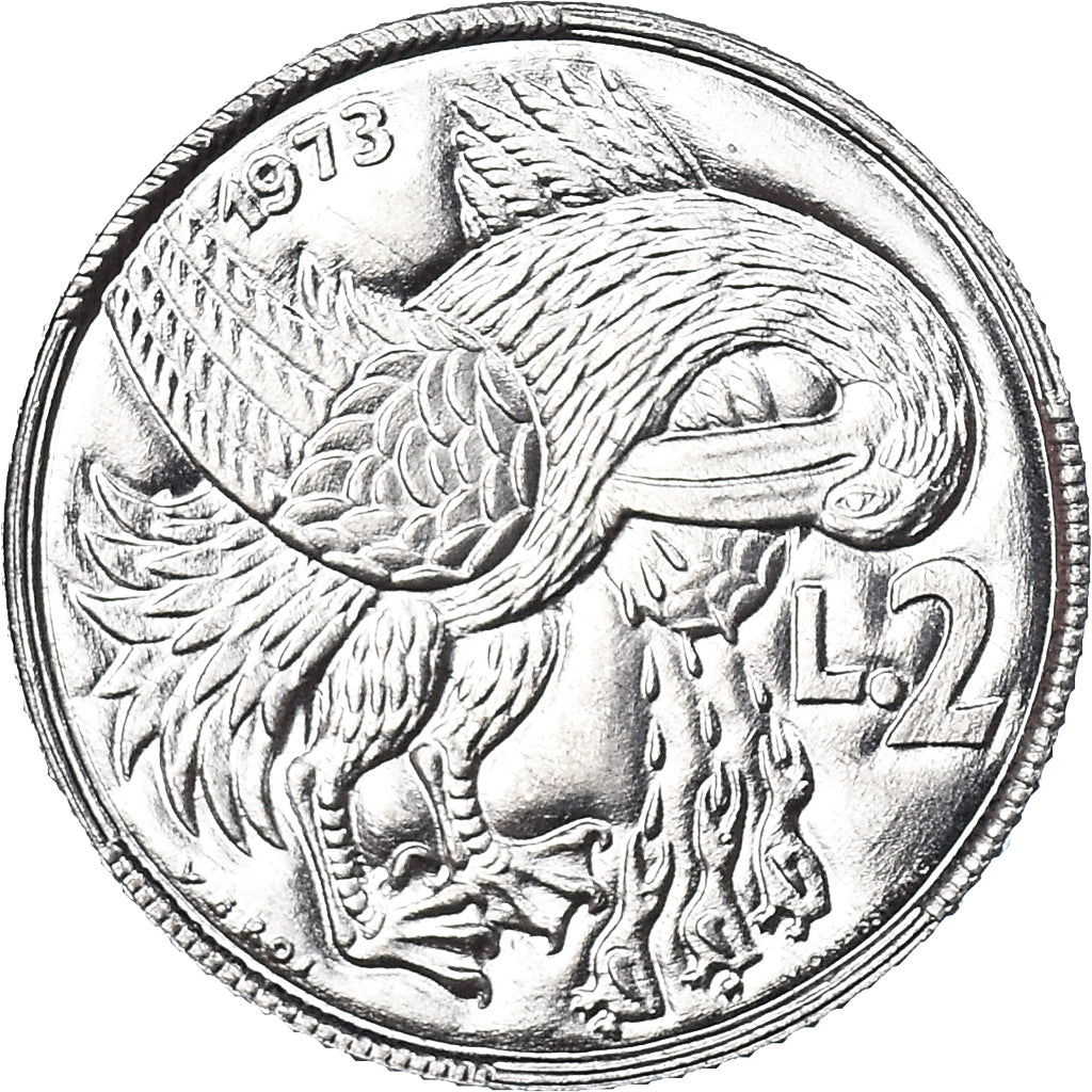 Coin, San Marino, 2 Lire, 1973, MS(65-70), Aluminum, KM:23