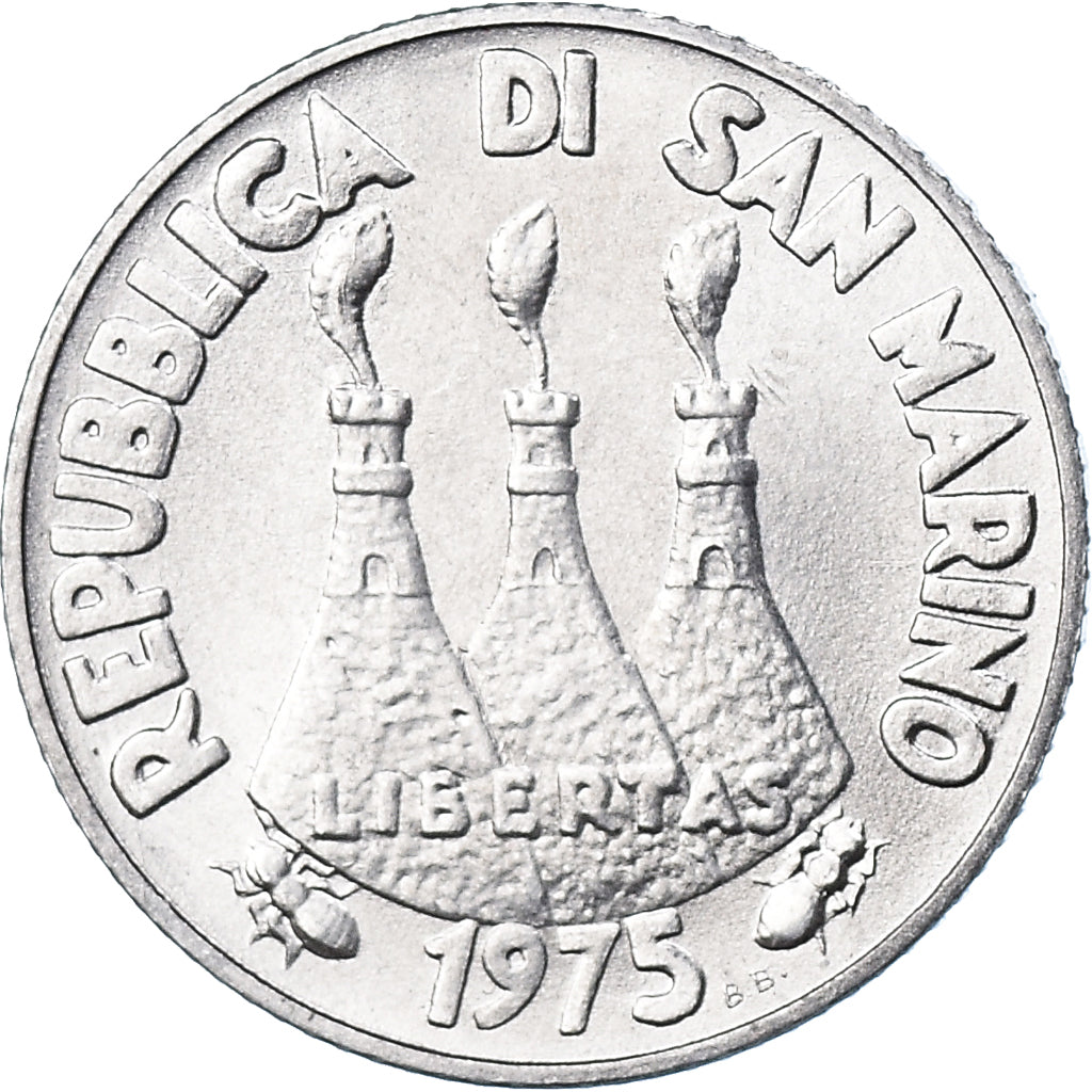 Coin, San Marino, 2 Lire, 1975, MS(65-70), Aluminum, KM:41
