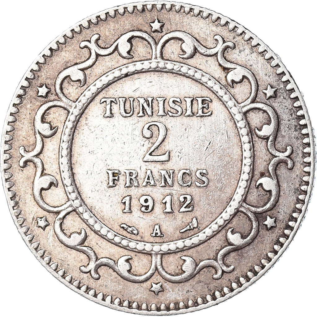 Coin, Tunisia, Muhammad al-Nasir Bey, 2 Francs, 1912, Paris, EF(40-45), Silver