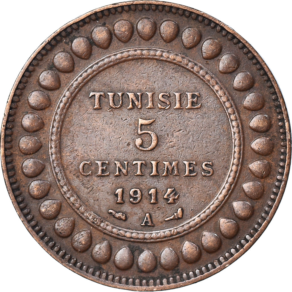 Coin, Tunisia, Muhammad al-Nasir Bey, 5 Centimes, 1914, Paris, AU(50-53)