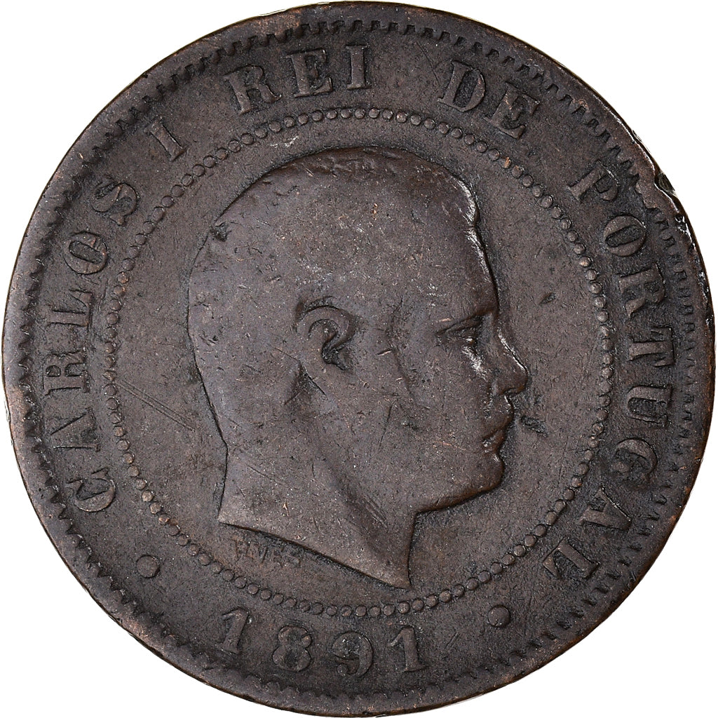 Coin, Portugal, Carlos I, 10 Reis, 1891, Portugal Mint, VF(20-25), Bronze