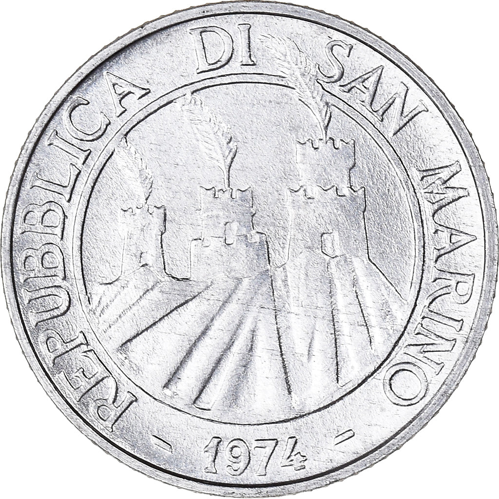Coin, San Marino, 2 Lire, 1974, MS(65-70), Aluminum, KM:31