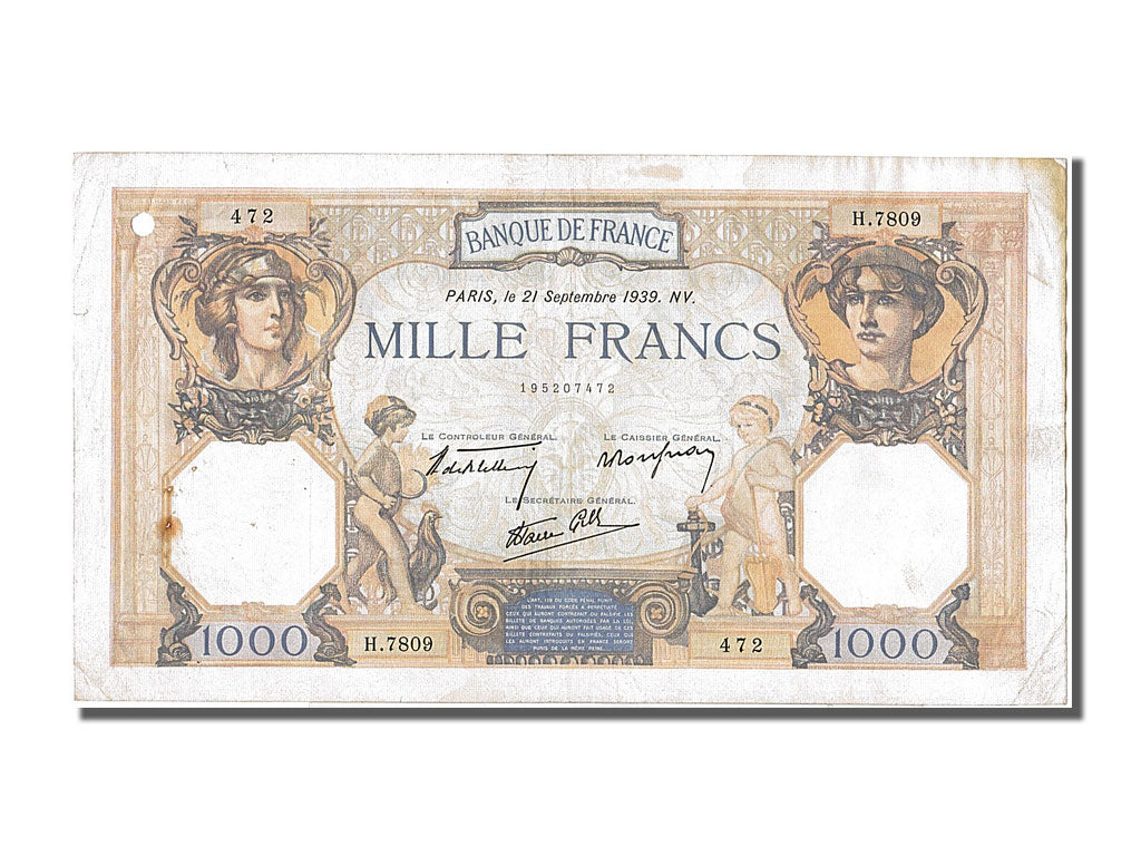 France, 500 Francs, 1 000 F 1927-1940 ''Cérès et Mercure'', 1939, KM #88c, 1...