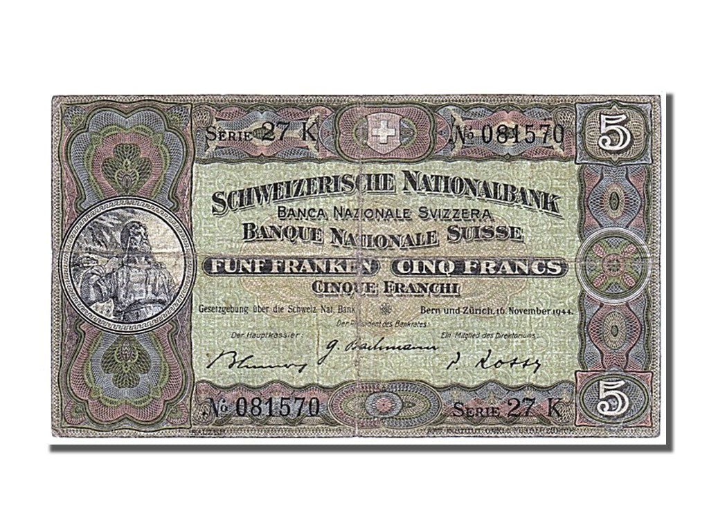 Switzerland, 5 Franken, 1944, KM #11k, 1944-11-16, VF(30-35), 27K