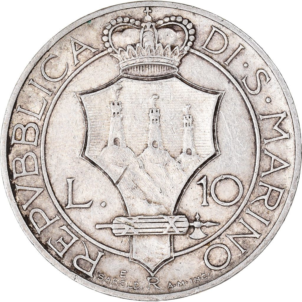 Coin, San Marino, 10 Lire, 1932, Rome, EF(40-45), Silver, KM:10