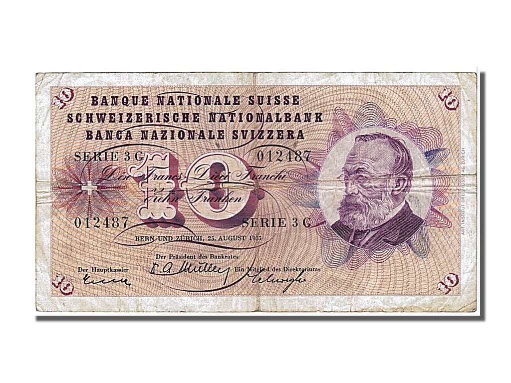 Switzerland, 10 Franken, 1955, KM #45a, 1955-08-25, VF(30-35), 3G