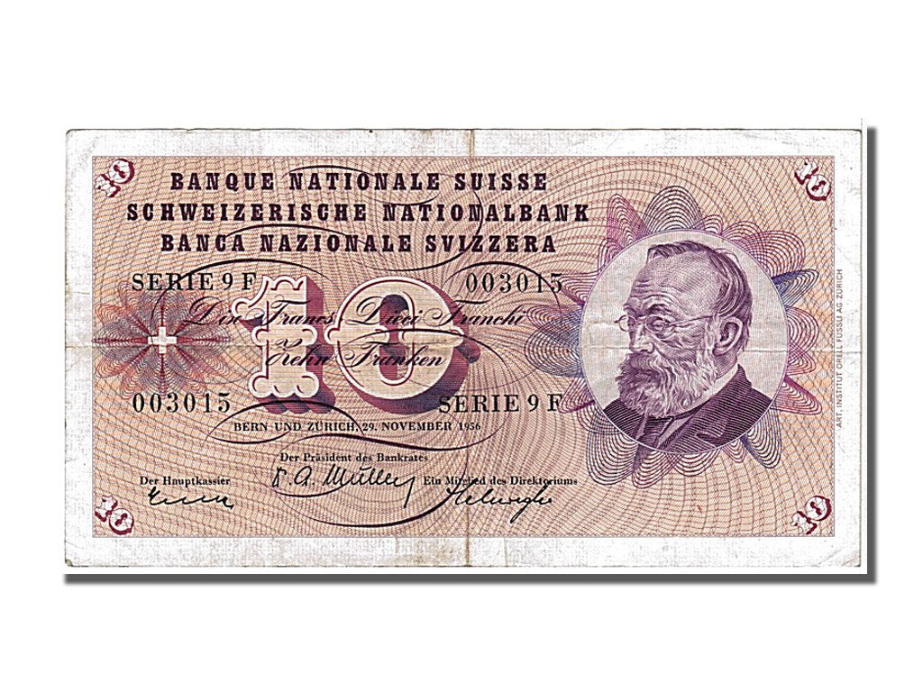 Switzerland, 10 Franken, 1956, KM #45c, 1956-11-29, EF(40-45), 9F