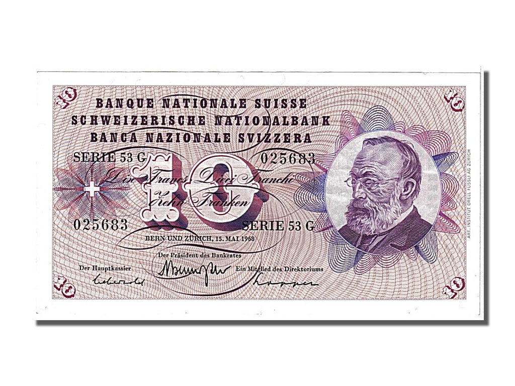 Switzerland, 10 Franken, 1968, KM #45n, 1968-05-15, EF(40-45), 53G