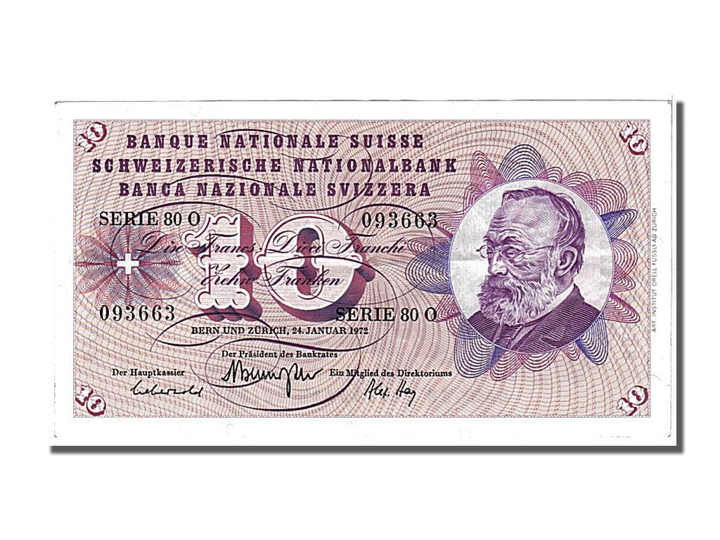 Banknote, Switzerland, 10 Franken, 1972, 1972-01-24, AU(55-58)