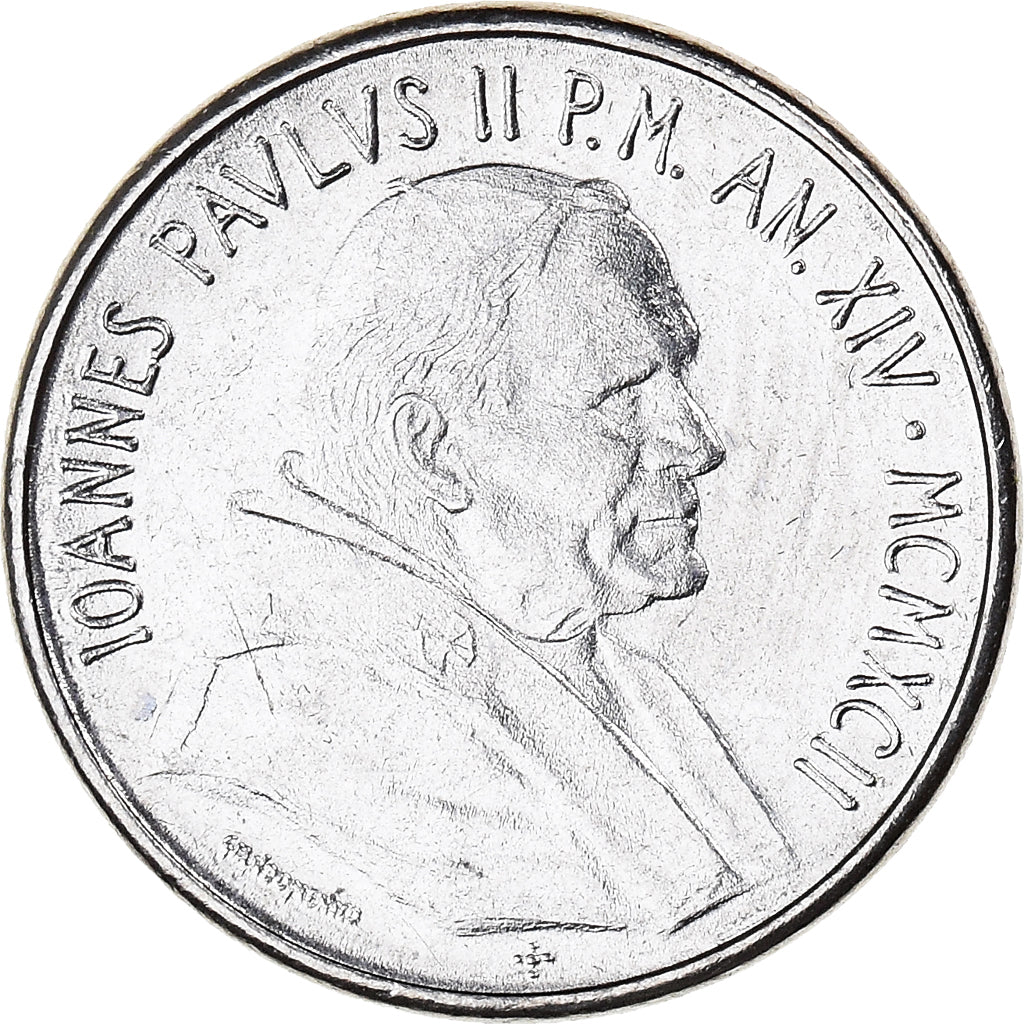 Coin, VATICAN CITY, John Paul II, 50 Lire, 1992, Roma, EF(40-45), Stainless