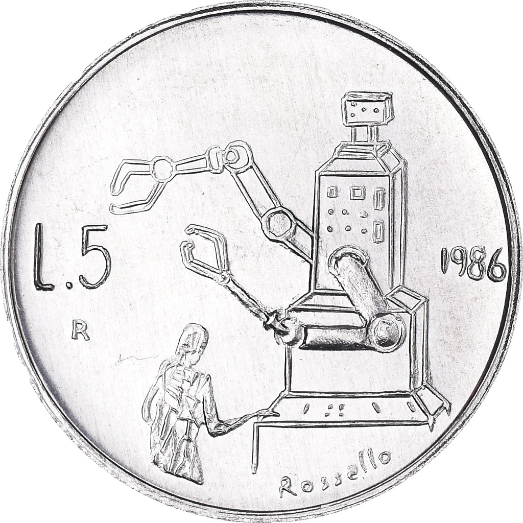 Coin, San Marino, 5 Lire, 1986, Rome, MS(63), Aluminum, KM:189