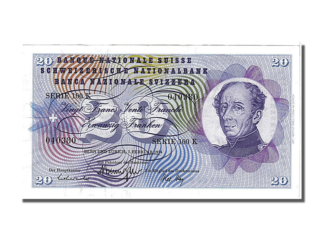 Banknote, Switzerland, 20 Franken, 1974, 1974-02-07, AU(50-53)