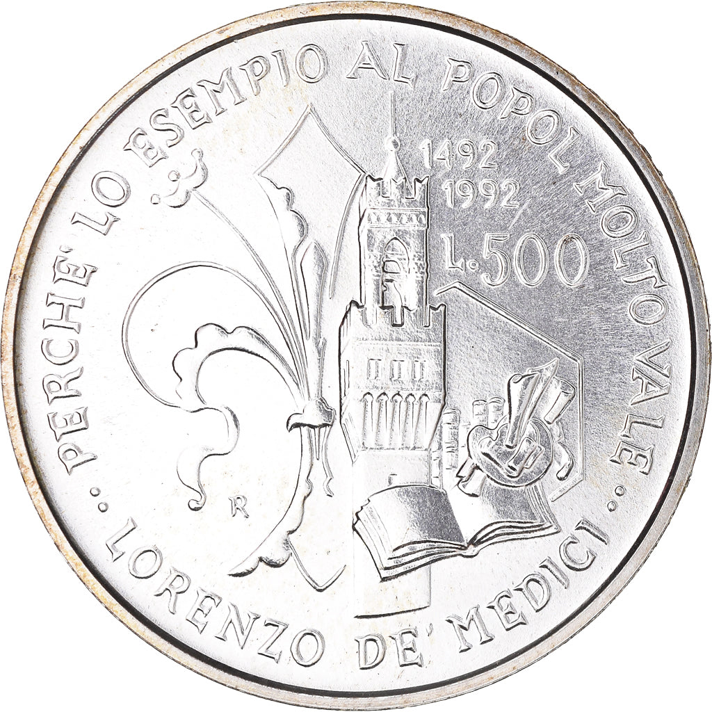 Moeda, Itália, Lorenzo il Magnifico, 500 Lire, 1992, Rome, FDC, MS(65-70)