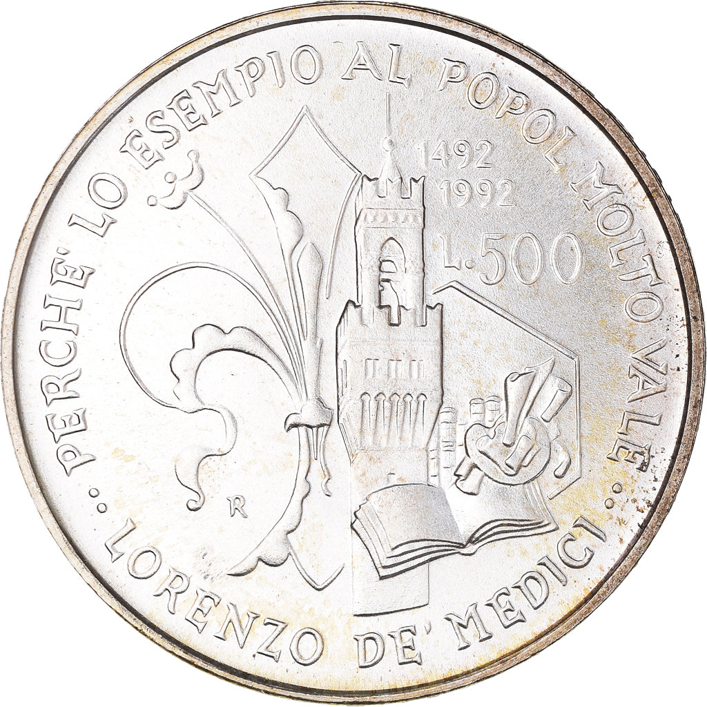 Coin, Italy, Lorenzo il Magnifico, 500 Lire, 1992, Rome, FDC, MS(65-70), Silver