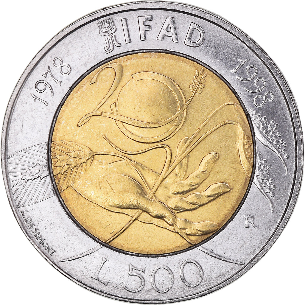Moeda, Itália, 500 Lire, 1998, F.A.O. - IFAD, AU(50-53), Bimetálico, KM:193
