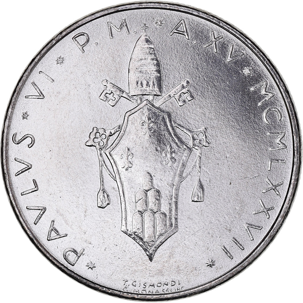 Monnaie, Cité du Vatican, Paul VI, 50 Lire, 1977, Roma, FDC, Acier inoxydable