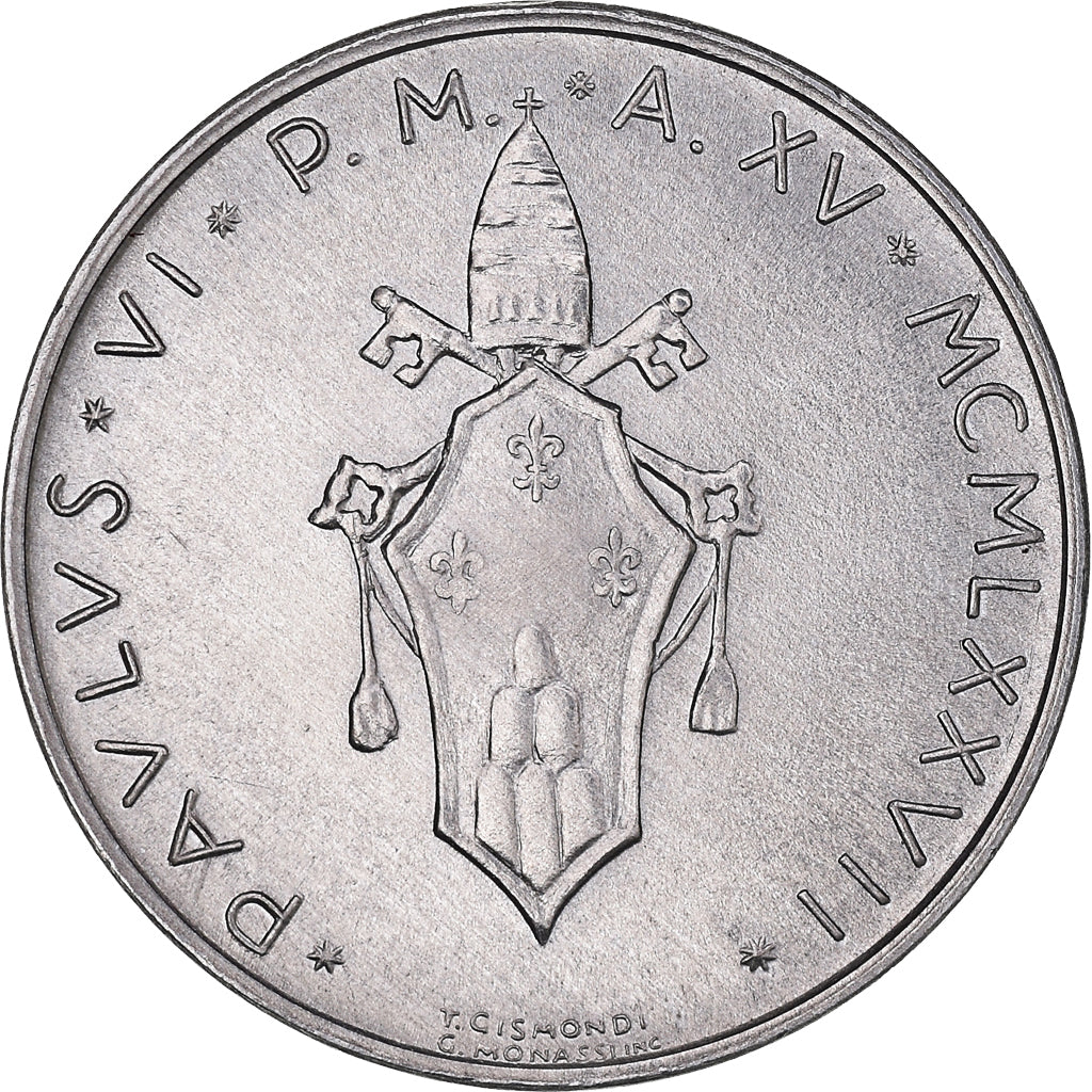 Moeda, CIDADE DO VATICANO, Paul VI, 10 Lire, 1977, Roma, MS(65-70), Alumínio