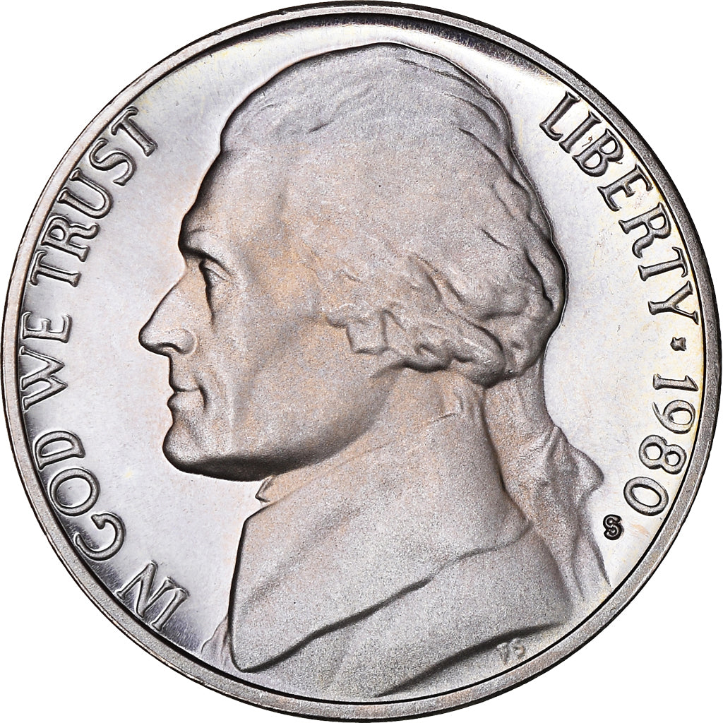 Monnaie, États-Unis, Jefferson Nickel, 5 Cents, 1980, U.S. Mint, San Francisco