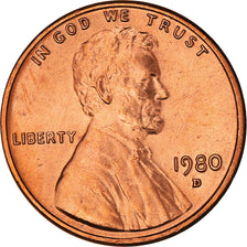 Coin, United States, Lincoln Cent, Cent, 1980, U.S. Mint, Denver, FDC