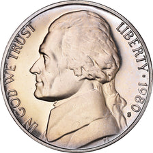 Moneta, USA, Jefferson Nickel, 5 Cents, 1980, U.S. Mint, San Francisco, FDC.BE