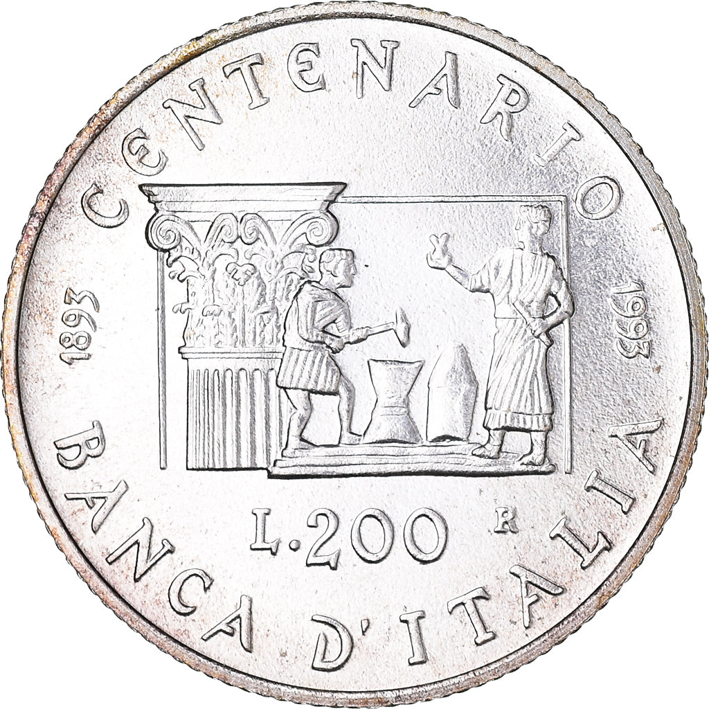 Moneta, Italia, 100th Anniversary - Bank of Italy, 200 Lire, 1993, Rome, BU