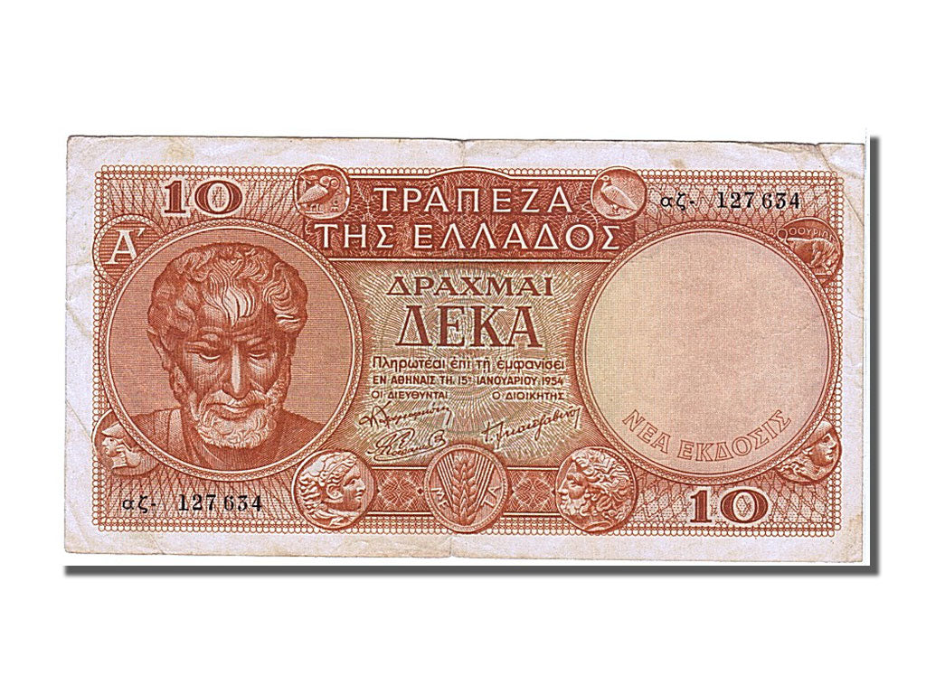 Greece, 10 Drachmai, 1954, KM #186a, 1954-01-15, EF(40-45), 127634