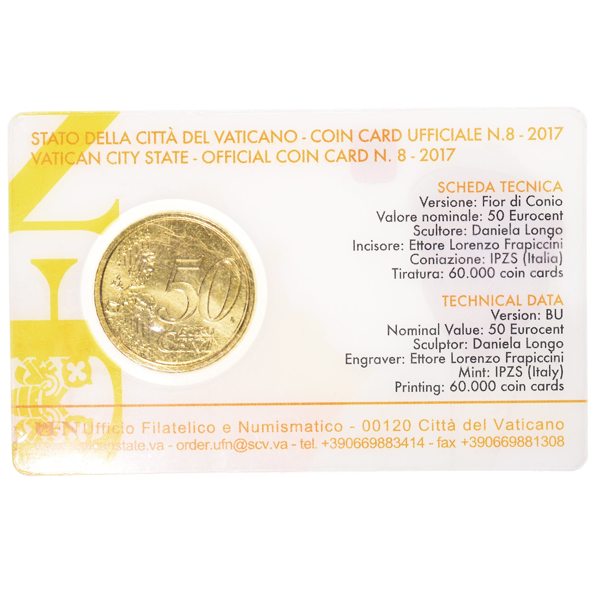 CIUDAD DEL VATICANO, 50 Euro Cent, 2017, Rome, Coin card, FDC, Latón