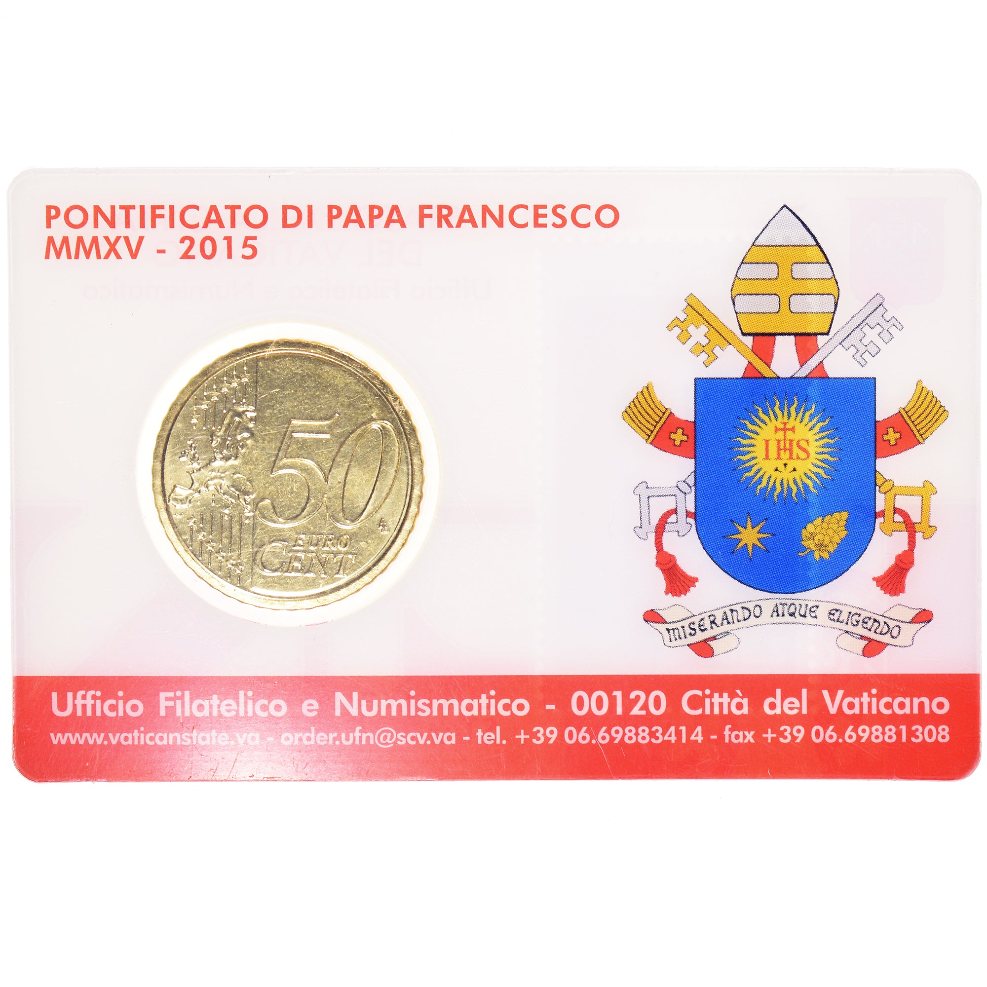 VATICAN CITY, 50 Euro Cent, 2015, Rome, N°8.FDC, MS(65-70), Brass