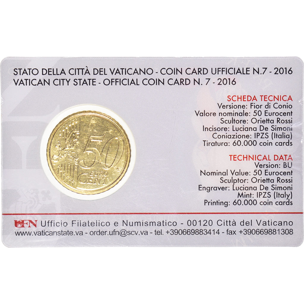 VATICAN CITY, 50 Euro Cent, 2016, Rome, Coin card, MS(65-70), Brass