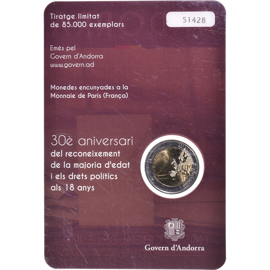 Andorra, 2 Euro, Majorité à 18 ans, 2015, BU, MS(65-70), Bi-Metallic