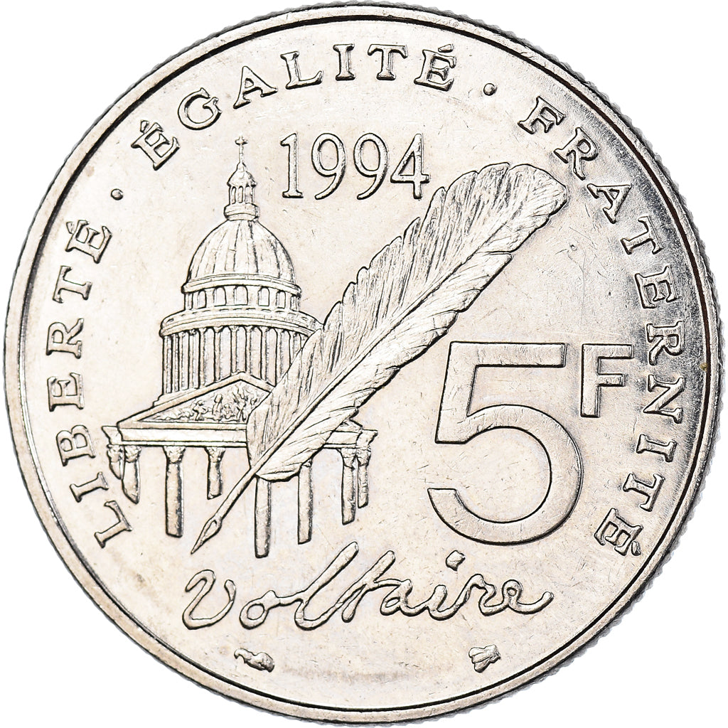 Moneta, Francja, Voltaire, 5 Francs, 1994, Paris, AU(50-53), Nikiel, KM:1063