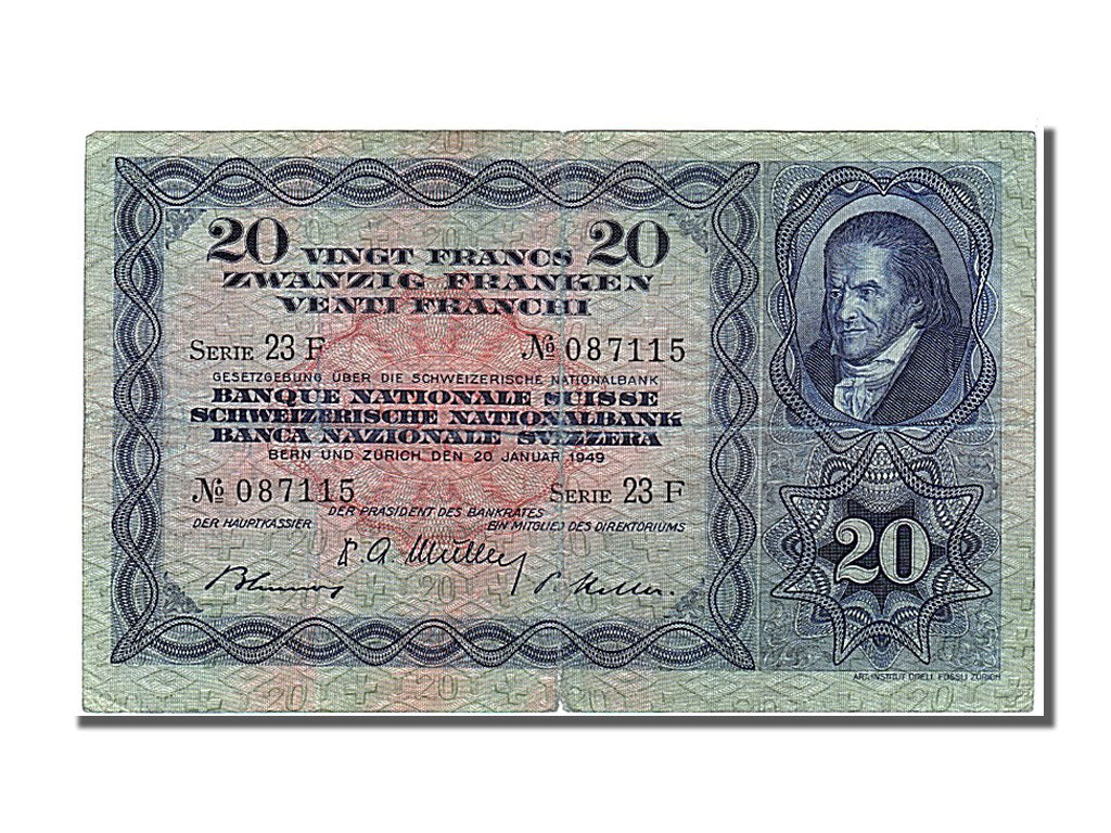 Switzerland, 20 Franken, 1949, KM #39q, 1949-01-20, VF(30-35), 23F
