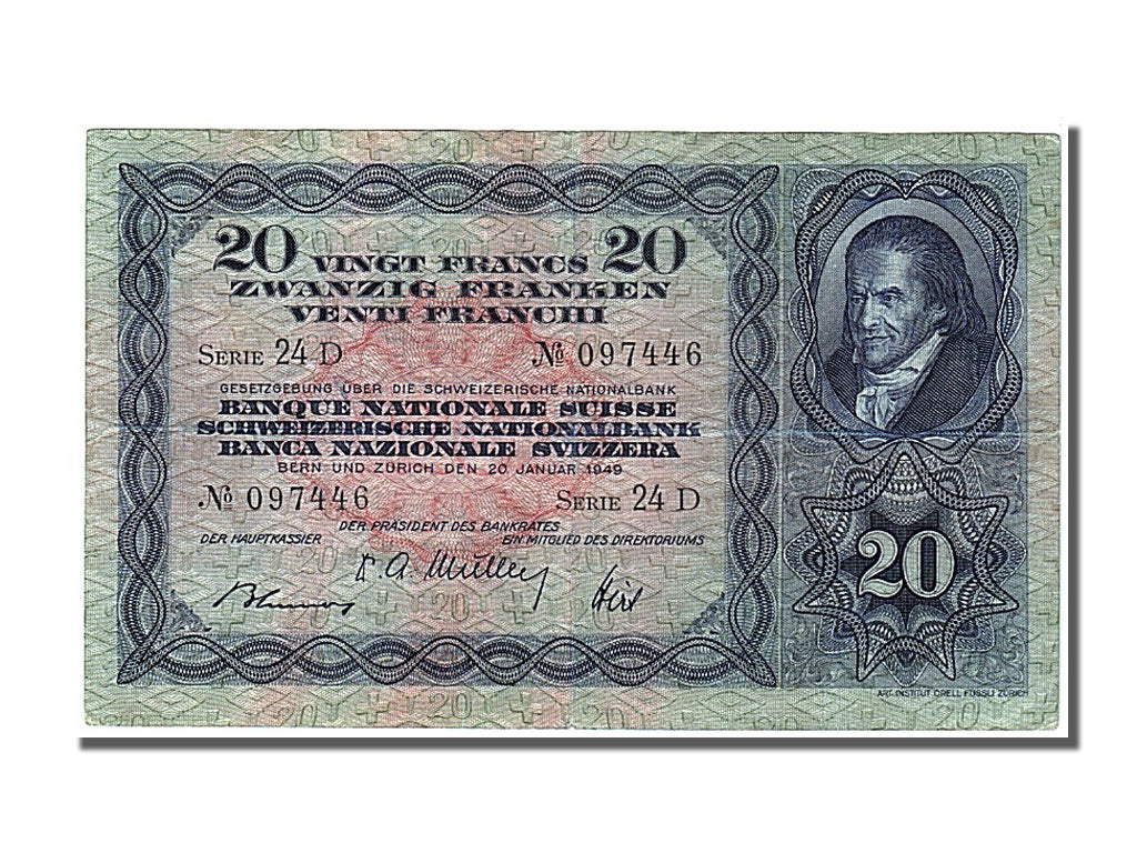 Switzerland, 20 Franken, 1949, KM #39q, 1949-01-20, EF(40-45), 24D