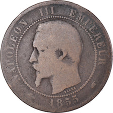 Moneda, Francia, Napoleon III, 10 Centimes, 1855, Paris, BC+, Bronce