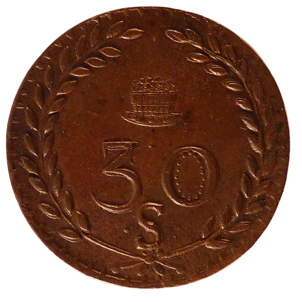 FRANCE, 30 Sous, 1820, Aniche, AU(55-58), Bronze, 13.38