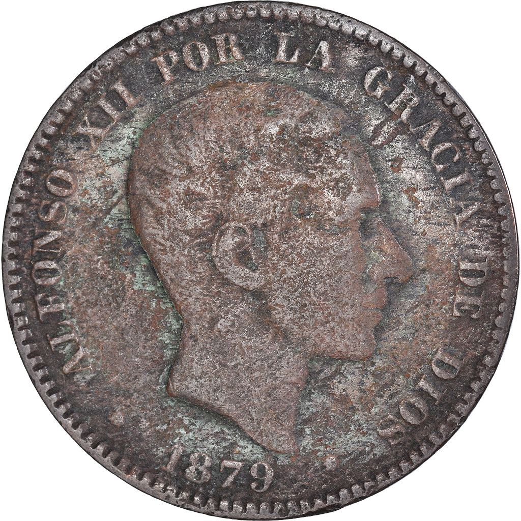 Coin, Spain, Alfonso XII, 10 Centimos, 1879, Barcelona, VF(20-25), Bronze