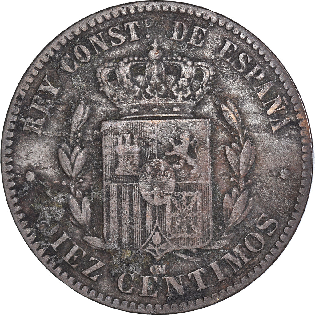 Coin, Spain, Alfonso XII, 10 Centimos, 1879, Barcelona, VF(20-25), Bronze