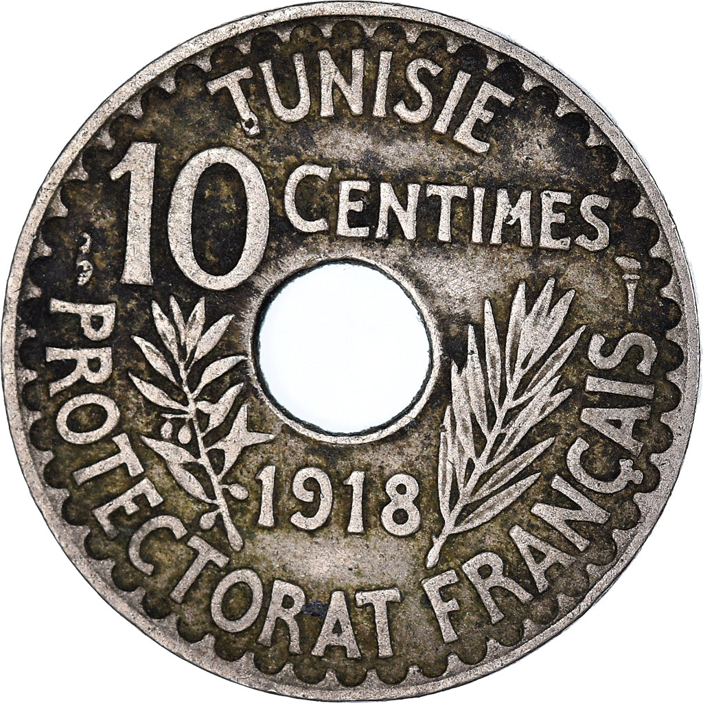 Coin, Tunisia, Muhammad al-Nasir Bey, 10 Centimes, 1918, Paris, VF(30-35)