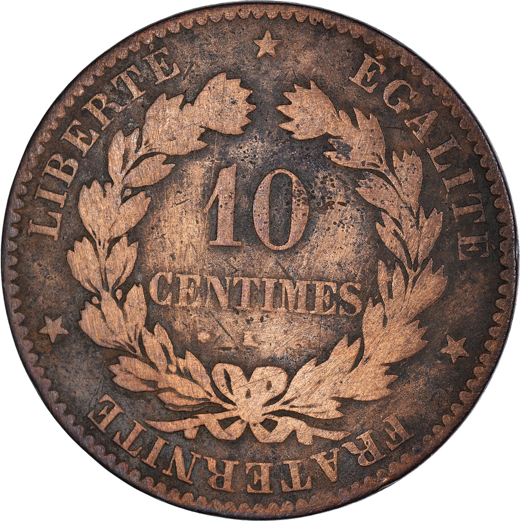Monnaie, France, Cérès, 10 Centimes, 1872, Bordeaux, TB, Bronze, Gadoury:265a