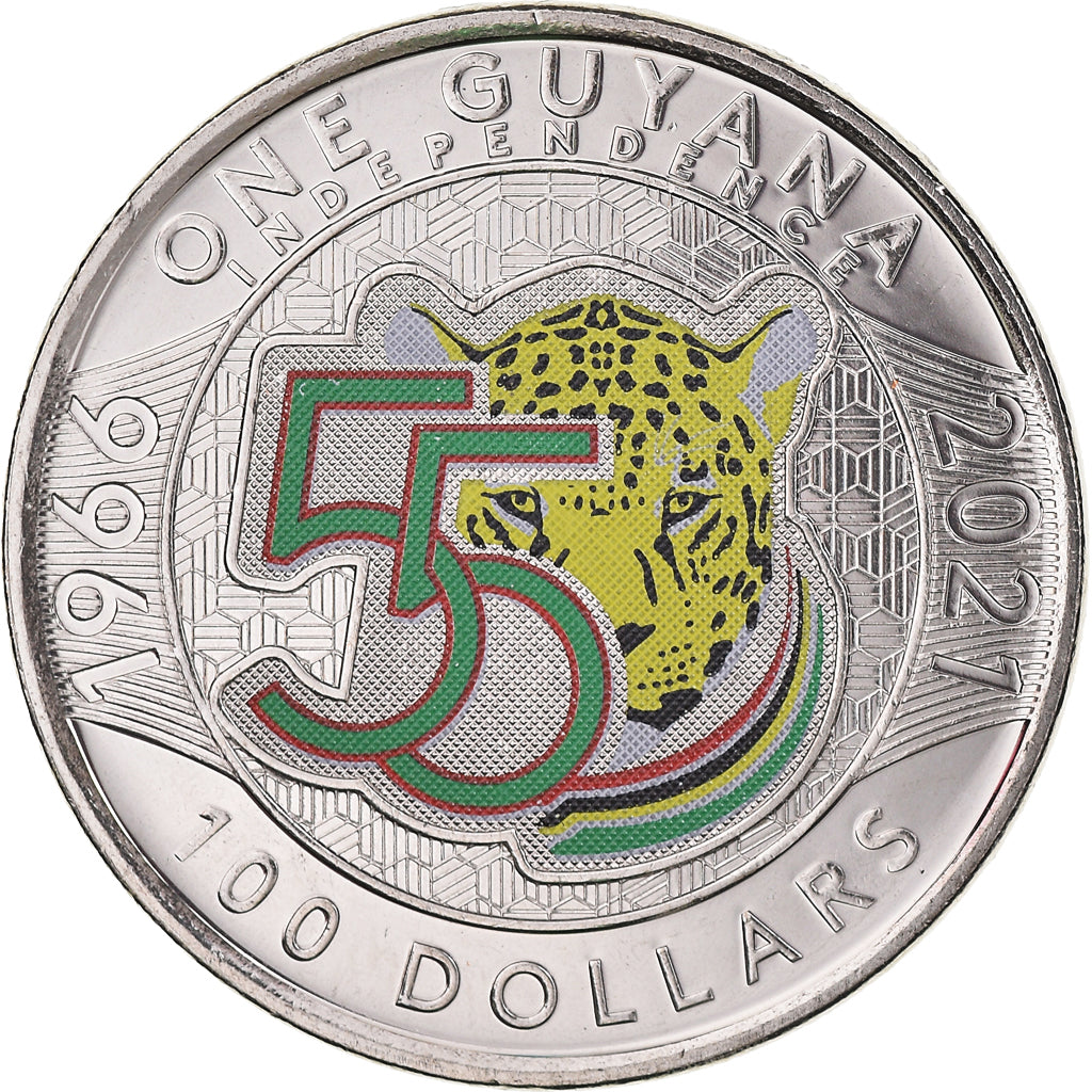 Moneda, Guyana, 100 Dollars, 2021, 55 Years of Independence.colorized., SC