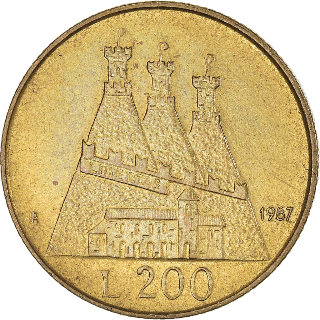 Coin, San Marino, 200 Lire, 1987, VF(20-25), Aluminum-Bronze, KM:208
