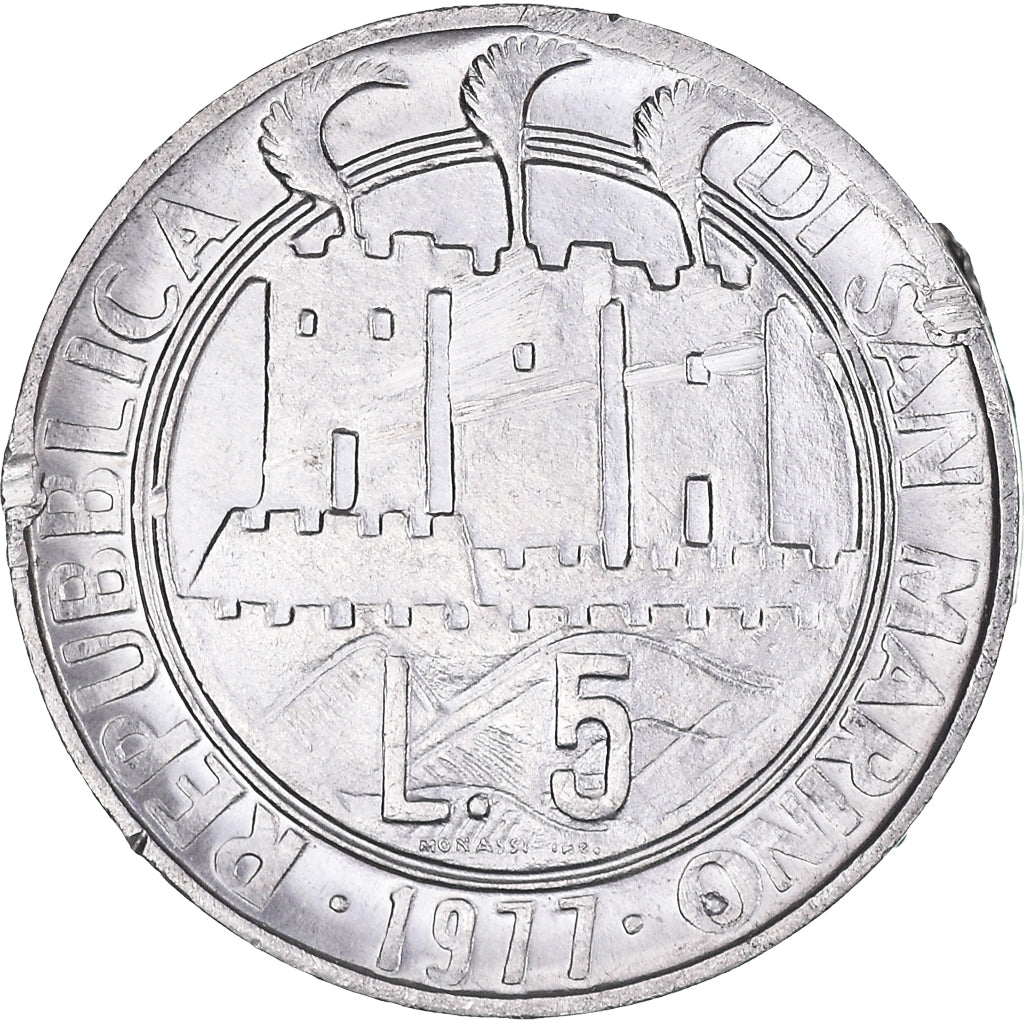 Coin, San Marino, 5 Lire, 1977, AU(55-58), Aluminum, KM:65