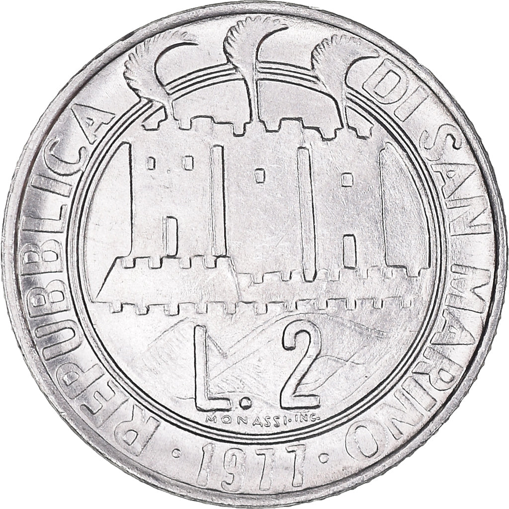 Münze, San Marino, 2 Lire, 1977, UNZ, Aluminium, KM:64