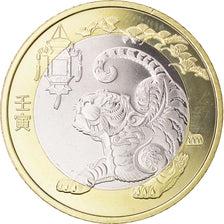 Coin, China, 10 Yüan, 2022, Année du Tigre, MS(63), Bi-Metallic